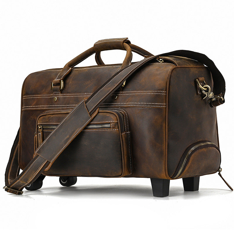 Genuine Leather Luggage Bag 22" with Shoulder Strap, Leather Travel Bag, Leather Trolley Case