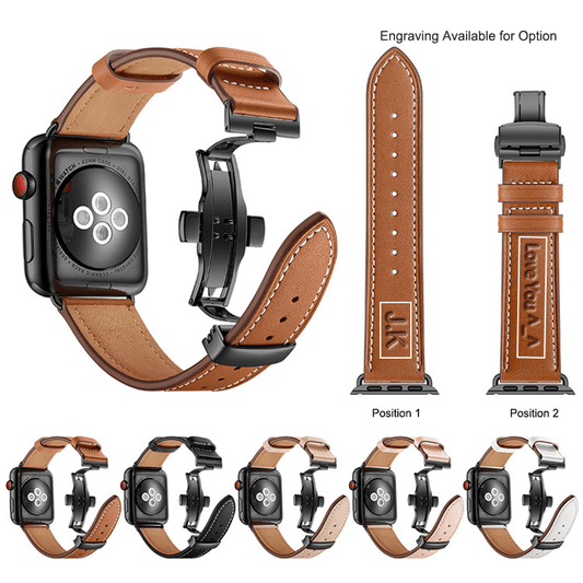 Custom Genuine Leather Watch Band for Apple Watch Series 7/ 6/ 5/ 4/ SE with Stainless Steel Buckle (Silver Color) + Screen Protector
