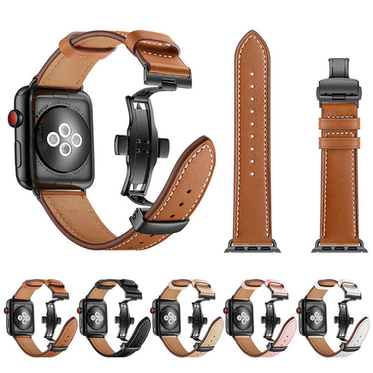 Custom Genuine Leather Watch Band for Apple Watch Series 7/ 6/ 5/ 4/ SE with Stainless Steel Buckle (Silver Color) + Screen Protector
