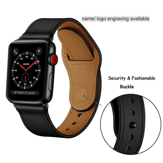 Personalized Cowhide Leather Watch Band Easy-to-Buckle for Apple Watch Series 7/ 6/ 5/ 4/ 3/ 2/ 1/ SE + Screen Protector