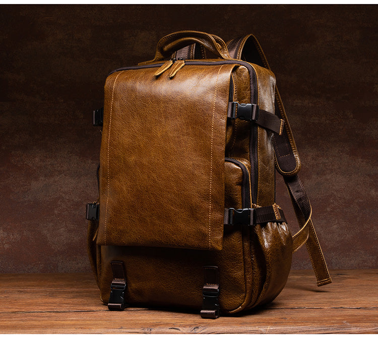 Genuine Leather Backpack for 16" Laptop Travel Hiking Camping Rucksack with Multi-pockets, Engraving Customization for Option