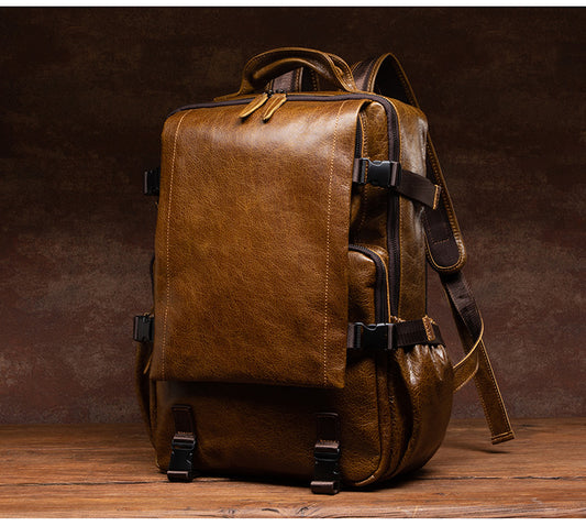 Genuine Leather Backpack for 16" Laptop Travel Hiking Camping Rucksack with Multi-pockets, Engraving Customization for Option