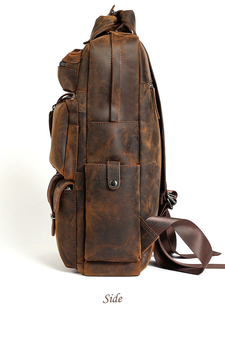 Retro Full Grain Cowhide Leather Backpack for 15" Laptop Travel Hiking Camping Rucksack with Multi-pockets, Engraving Customization for Option