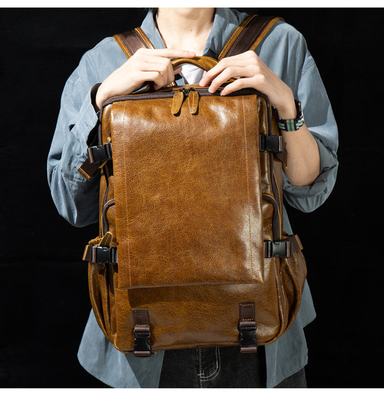 Genuine Leather Backpack for 16" Laptop Travel Hiking Camping Rucksack with Multi-pockets, Engraving Customization for Option