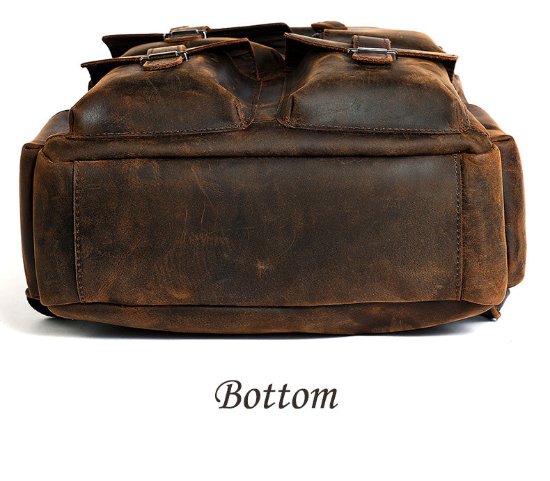 Retro Full Grain Cowhide Leather Backpack for 15" Laptop Travel Hiking Camping Rucksack with Multi-pockets, Engraving Customization for Option