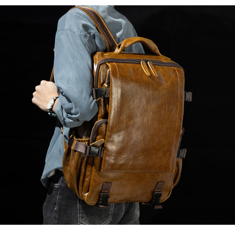 Genuine Leather Backpack for 16" Laptop Travel Hiking Camping Rucksack with Multi-pockets, Engraving Customization for Option
