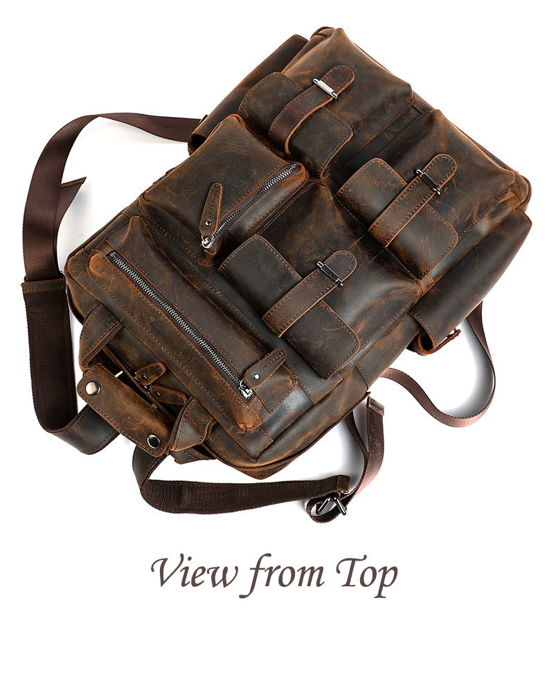 Retro Full Grain Cowhide Leather Backpack for 15" Laptop Travel Hiking Camping Rucksack with Multi-pockets, Engraving Customization for Option