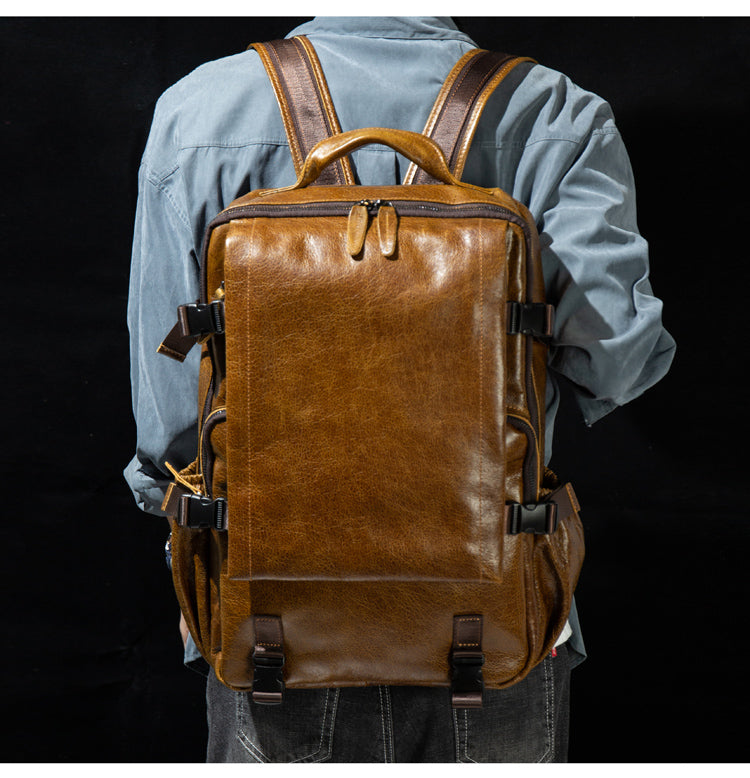 Genuine Leather Backpack for 16" Laptop Travel Hiking Camping Rucksack with Multi-pockets, Engraving Customization for Option
