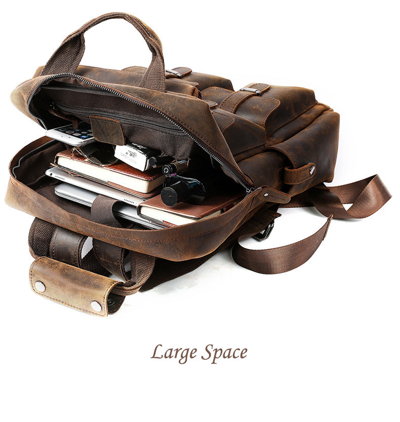 Retro Full Grain Cowhide Leather Backpack for 15" Laptop Travel Hiking Camping Rucksack with Multi-pockets, Engraving Customization for Option