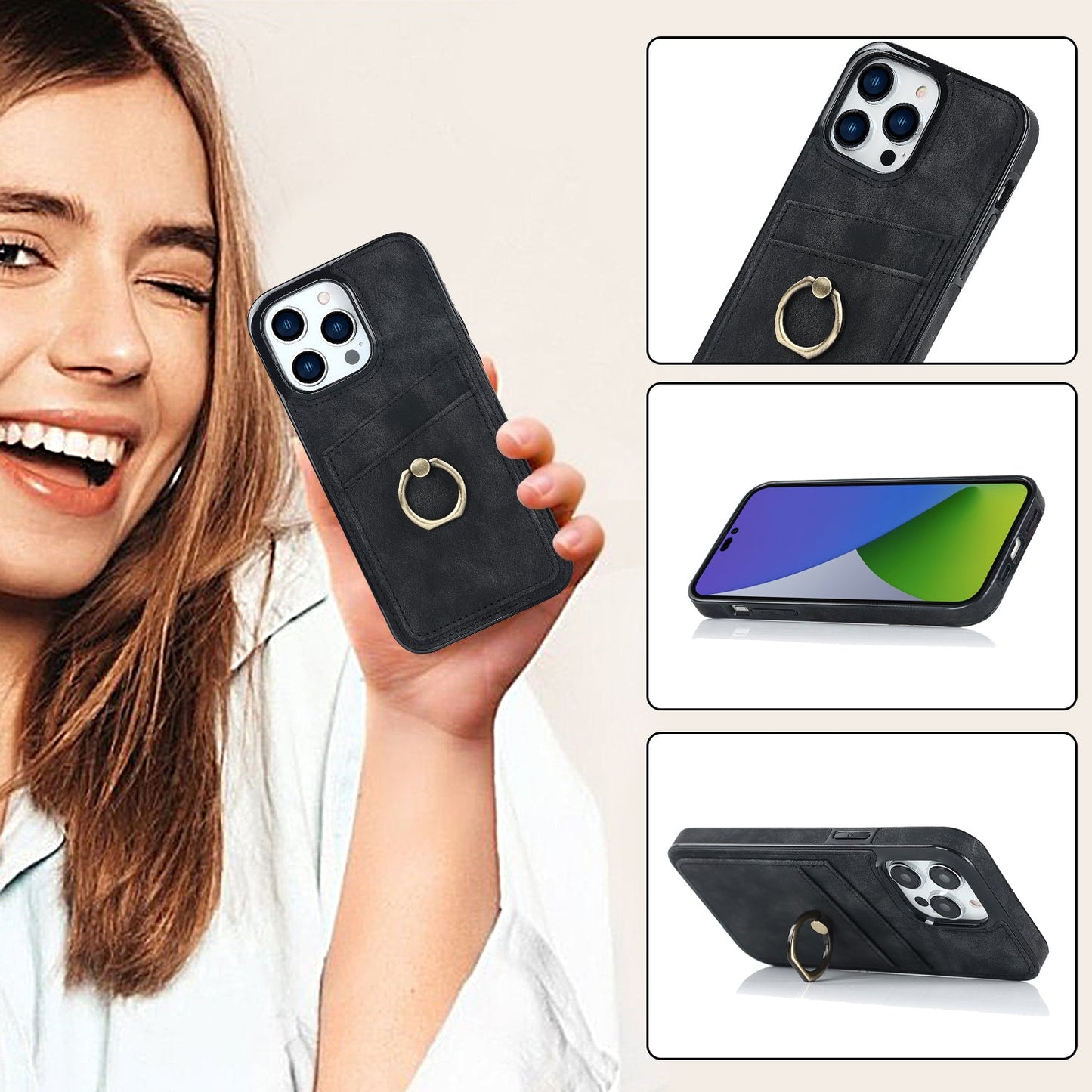 Custom Leather iPhone Case Wallet with Ring Holder for iPhone 14/ iPhone 13/ iPhone 12/ iPhone 11/ iPhone XS/ iPhone 8/ iPhone 7