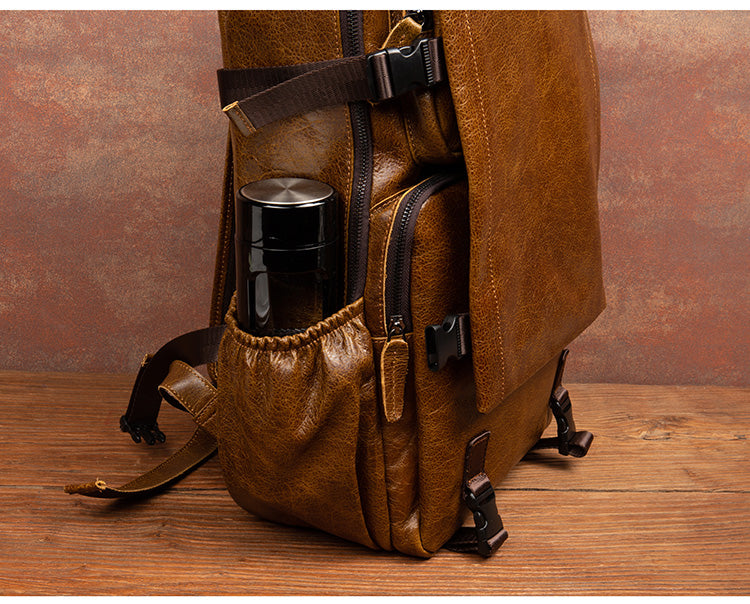 Genuine Leather Backpack for 16" Laptop Travel Hiking Camping Rucksack with Multi-pockets, Engraving Customization for Option