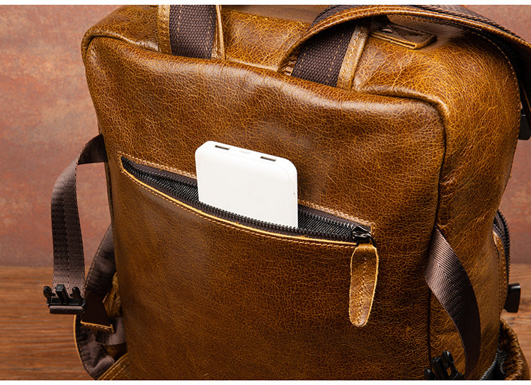 Genuine Leather Backpack for 16" Laptop Travel Hiking Camping Rucksack with Multi-pockets, Engraving Customization for Option