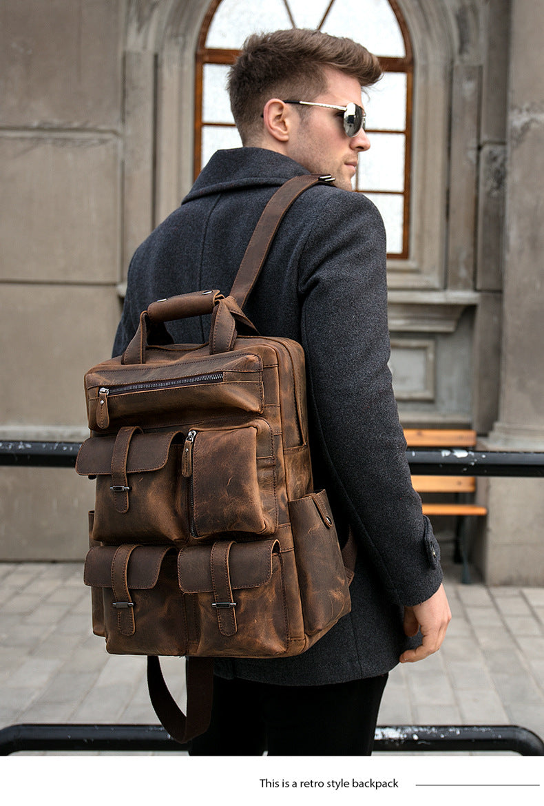Retro Full Grain Cowhide Leather Backpack for 15" Laptop Travel Hiking Camping Rucksack with Multi-pockets, Engraving Customization for Option