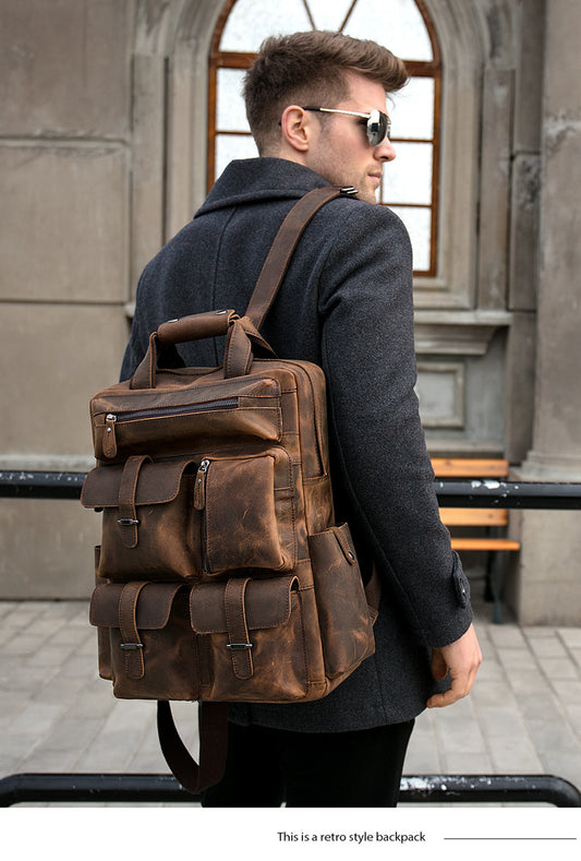Retro Full Grain Cowhide Leather Backpack for 15" Laptop Travel Hiking Camping Rucksack with Multi-pockets, Engraving Customization for Option