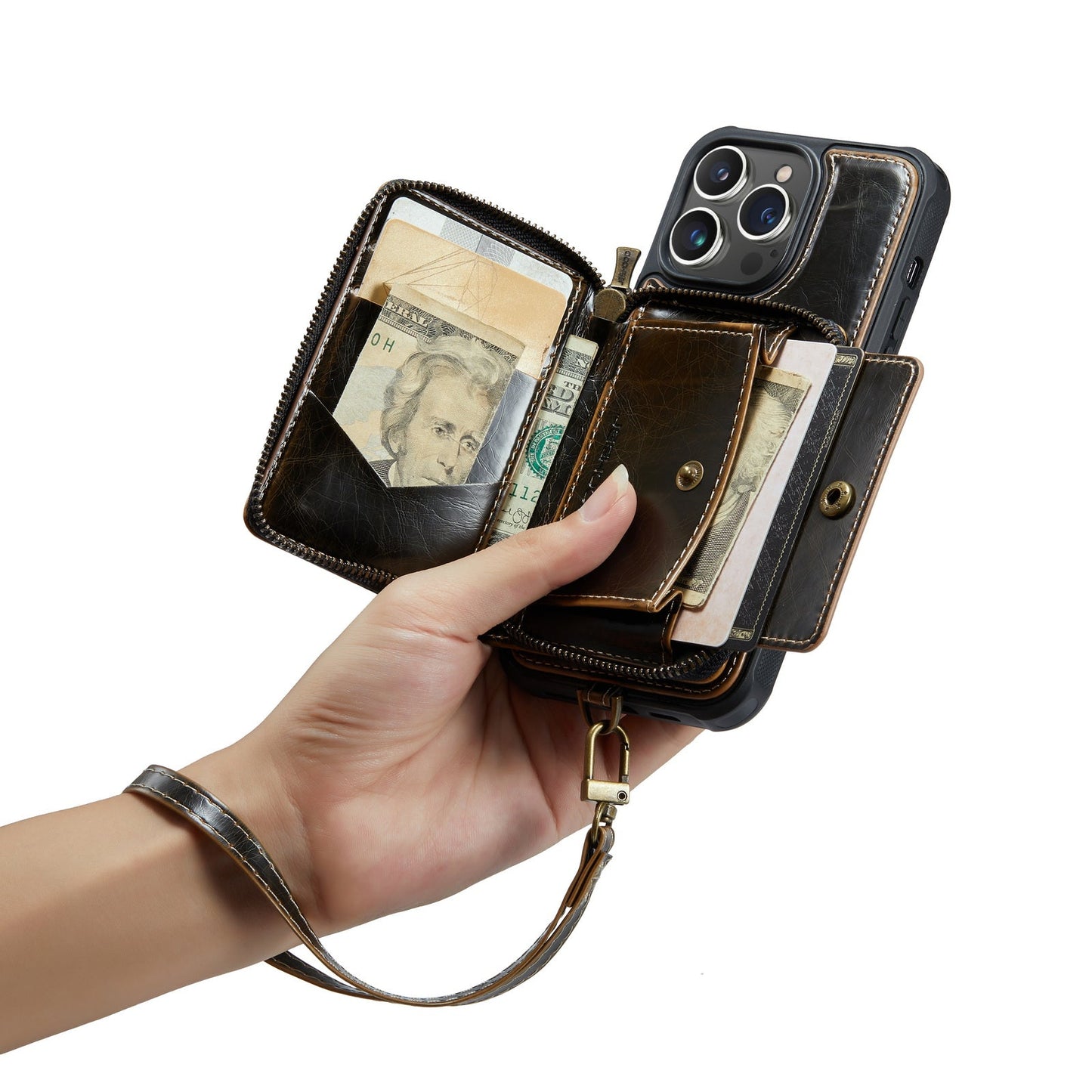 Personalized Genuine Leather iPhone Case Wallet for iPhone 14/ iPhone 13/ iPhone 12/ iPhone 11, Foldable Stand Wallet with Strap