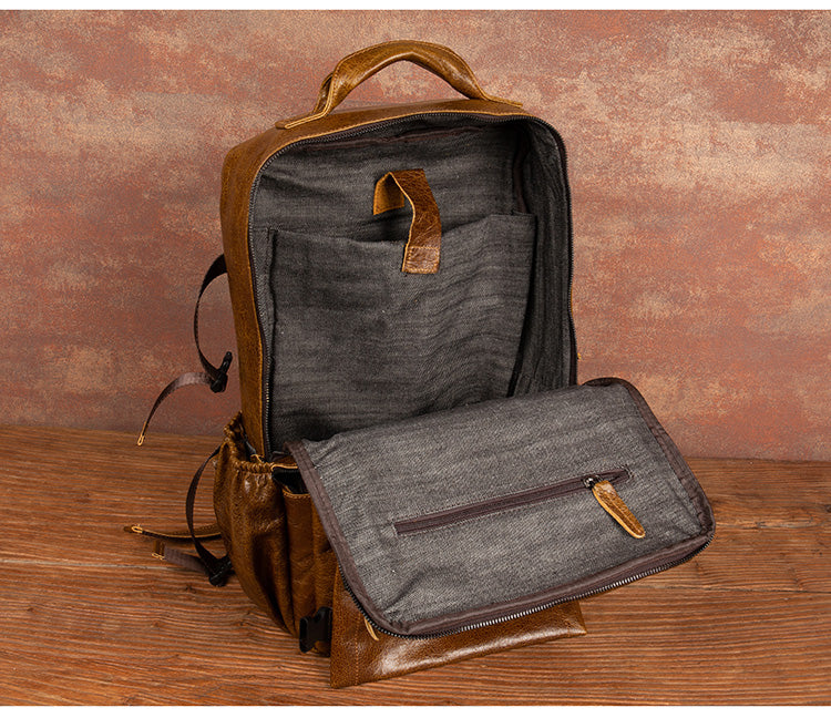 Genuine Leather Backpack for 16" Laptop Travel Hiking Camping Rucksack with Multi-pockets, Engraving Customization for Option