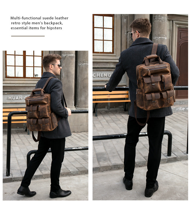 Retro Full Grain Cowhide Leather Backpack for 15" Laptop Travel Hiking Camping Rucksack with Multi-pockets, Engraving Customization for Option