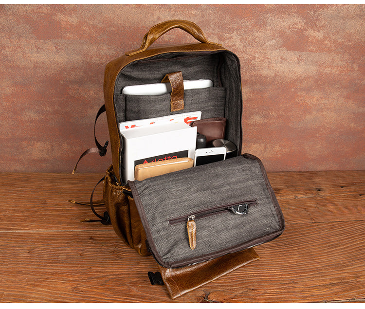Genuine Leather Backpack for 16" Laptop Travel Hiking Camping Rucksack with Multi-pockets, Engraving Customization for Option