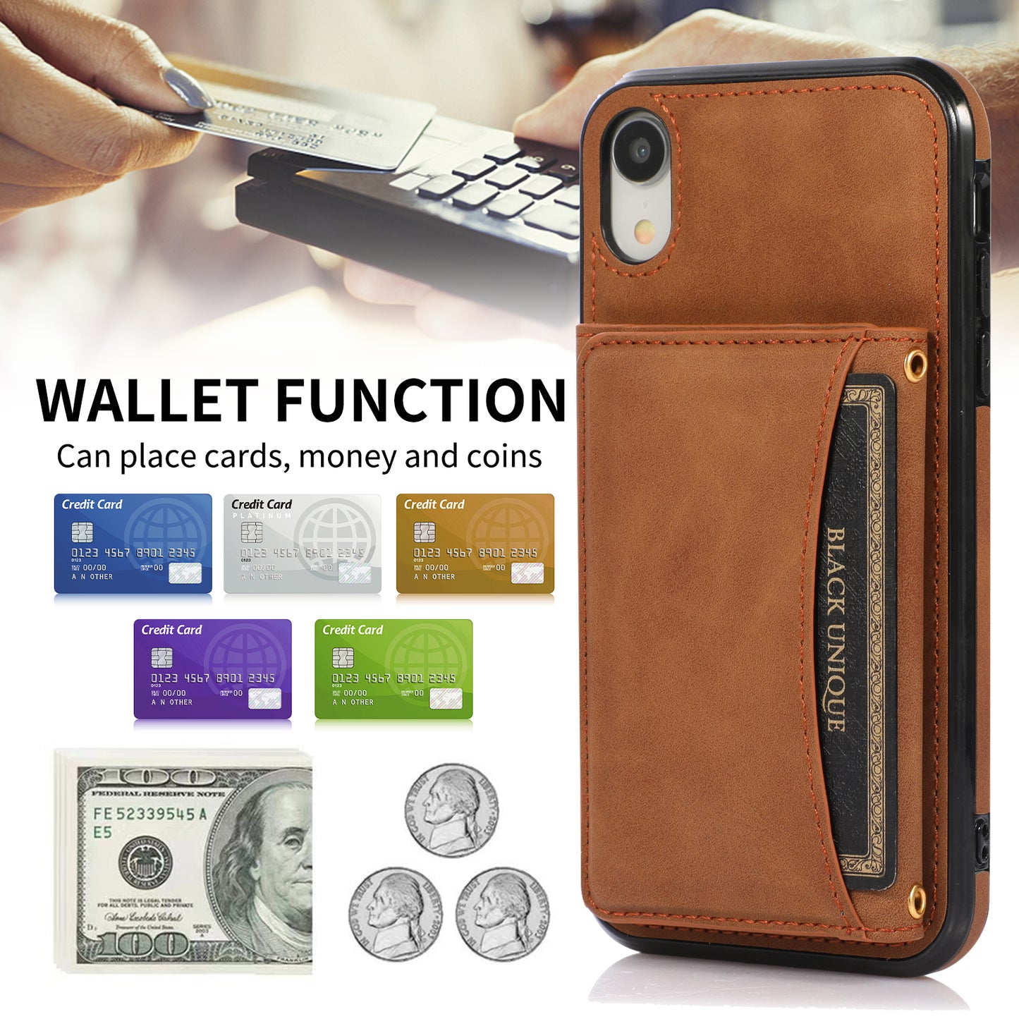 Customizable Genuine Leather iPhone Case with Trifold Wallet for iPhone 13/ iPhone 12/ iPhone 11/ iPhone XS/ iPhone 8/ iPhone 7/ iPhone SE 2nd Gen