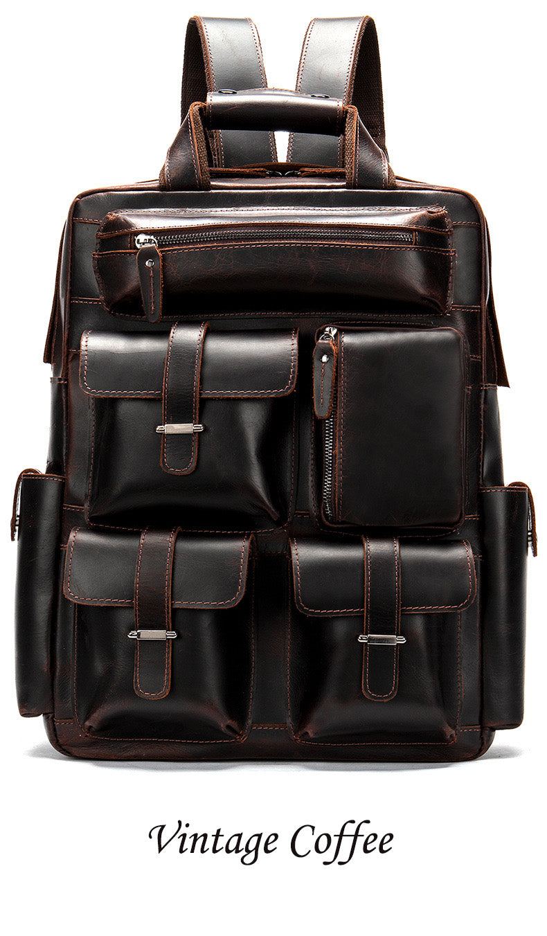 Retro Full Grain Cowhide Leather Backpack for 15" Laptop Travel Hiking Camping Rucksack with Multi-pockets, Engraving Customization for Option
