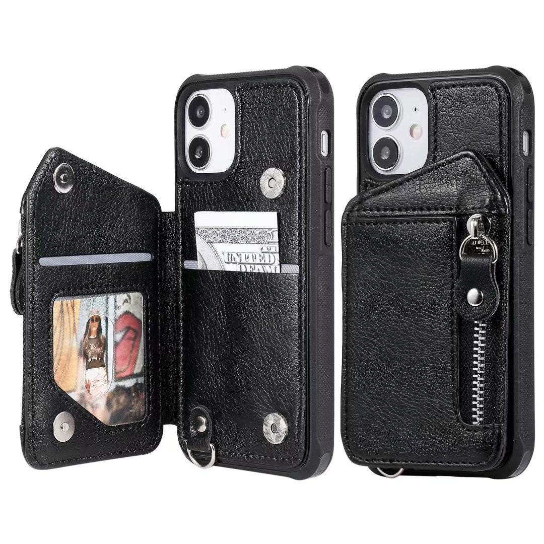 Customizable Strap Genuine Leather iPhone Case with Wallet for iPhone 13/ iPhone 12/ iPhone 11/ iPhone XS/ iPhone 8/ iPhone 7/ iPhone SE 2nd Gen