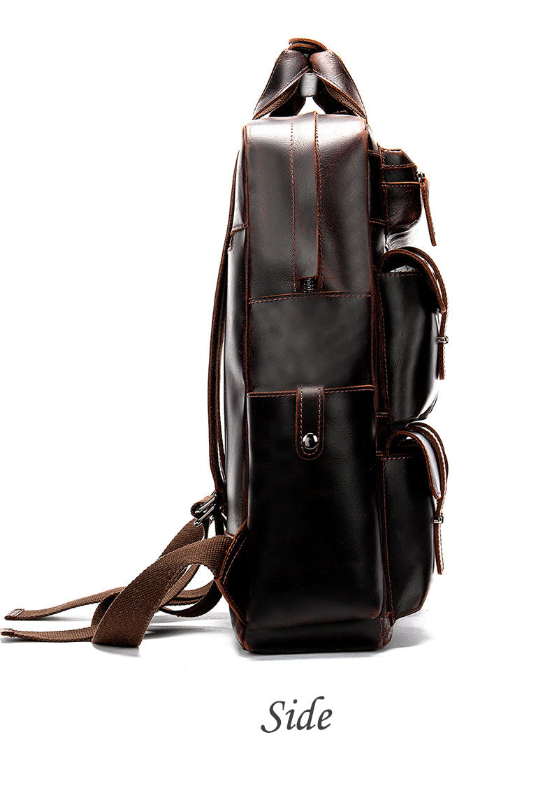 Retro Full Grain Cowhide Leather Backpack for 15" Laptop Travel Hiking Camping Rucksack with Multi-pockets, Engraving Customization for Option