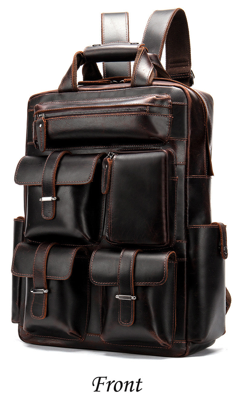 Retro Full Grain Cowhide Leather Backpack for 15" Laptop Travel Hiking Camping Rucksack with Multi-pockets, Engraving Customization for Option