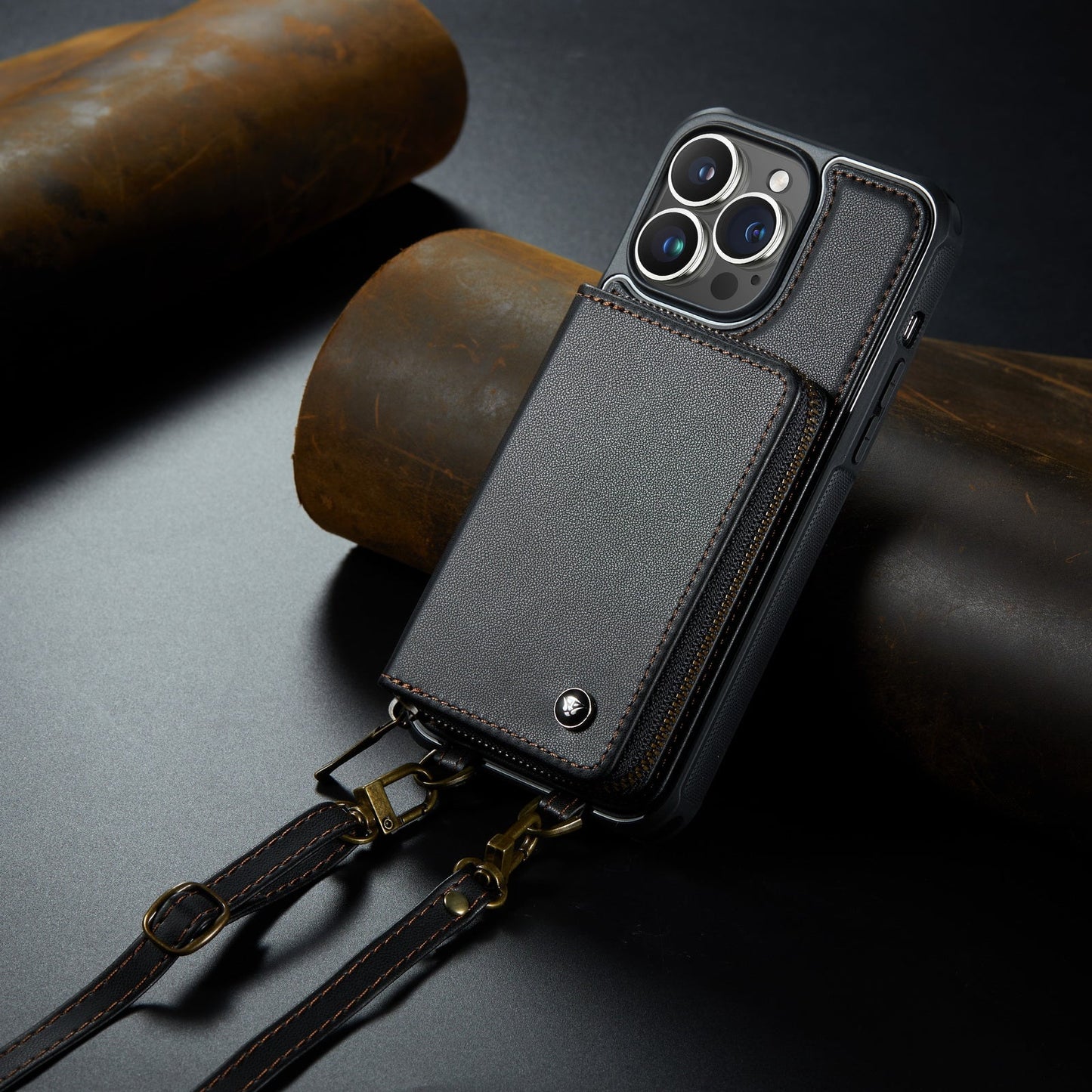 Personalized Genuine Leather iPhone Case Wallet for iPhone 14/ iPhone 13/ iPhone 12/ iPhone 11, Foldable Stand Wallet with Strap