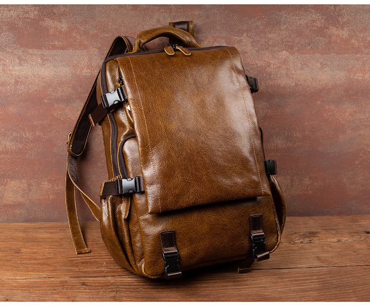 Genuine Leather Backpack for 16" Laptop Travel Hiking Camping Rucksack with Multi-pockets, Engraving Customization for Option