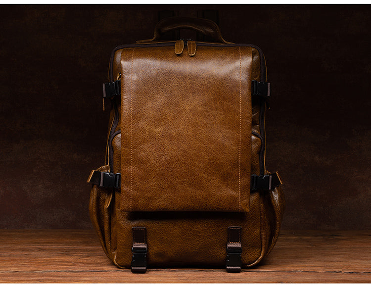 Genuine Leather Backpack for 16" Laptop Travel Hiking Camping Rucksack with Multi-pockets, Engraving Customization for Option