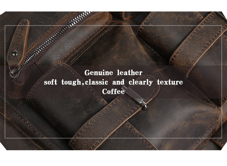Retro Full Grain Cowhide Leather Backpack for 15" Laptop Travel Hiking Camping Rucksack with Multi-pockets, Engraving Customization for Option