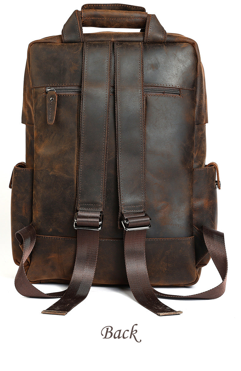 Retro Full Grain Cowhide Leather Backpack for 15" Laptop Travel Hiking Camping Rucksack with Multi-pockets, Engraving Customization for Option