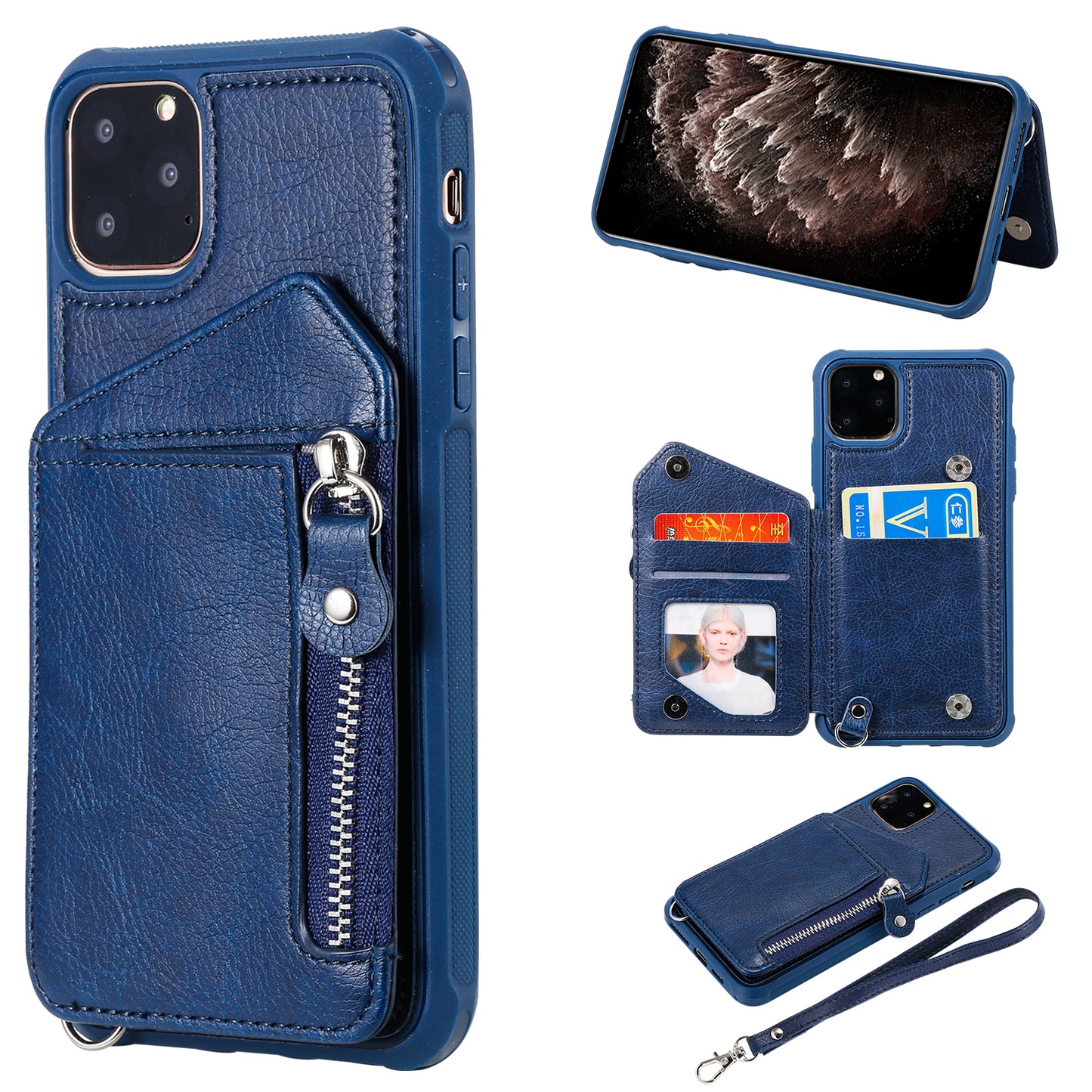 Customizable Strap Genuine Leather iPhone Case with Wallet for iPhone 13/ iPhone 12/ iPhone 11/ iPhone XS/ iPhone 8/ iPhone 7/ iPhone SE 2nd Gen