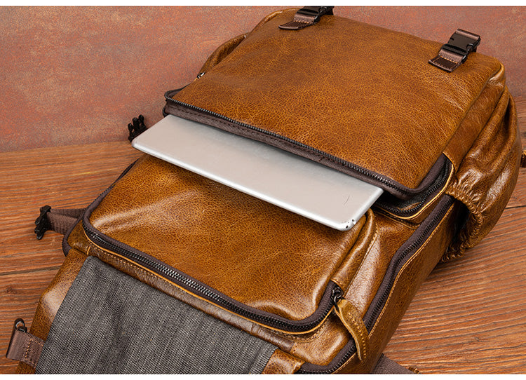 Genuine Leather Backpack for 16" Laptop Travel Hiking Camping Rucksack with Multi-pockets, Engraving Customization for Option