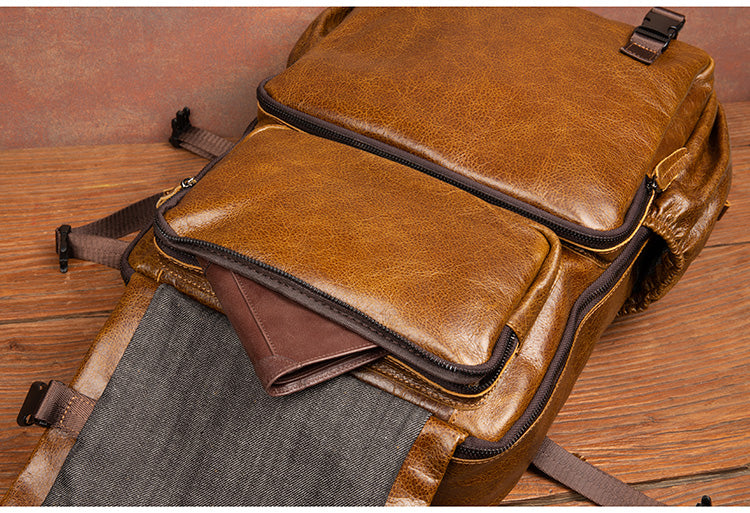 Genuine Leather Backpack for 16" Laptop Travel Hiking Camping Rucksack with Multi-pockets, Engraving Customization for Option