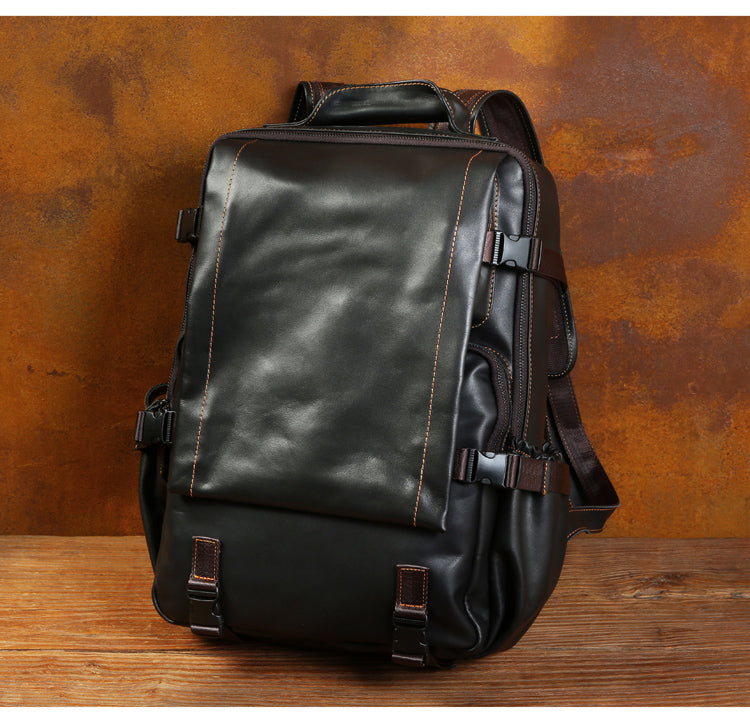 Genuine Leather Backpack for 16" Laptop Travel Hiking Camping Rucksack with Multi-pockets, Engraving Customization for Option
