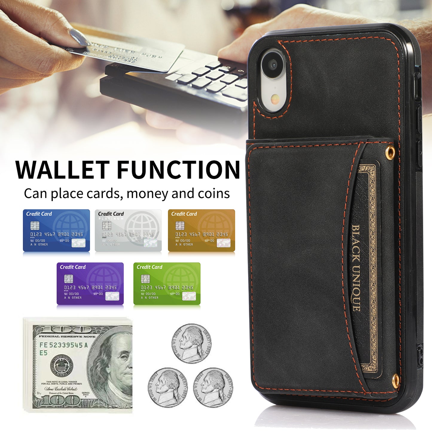 Customizable Genuine Leather iPhone Case with Trifold Wallet for iPhone 13/ iPhone 12/ iPhone 11/ iPhone XS/ iPhone 8/ iPhone 7/ iPhone SE 2nd Gen