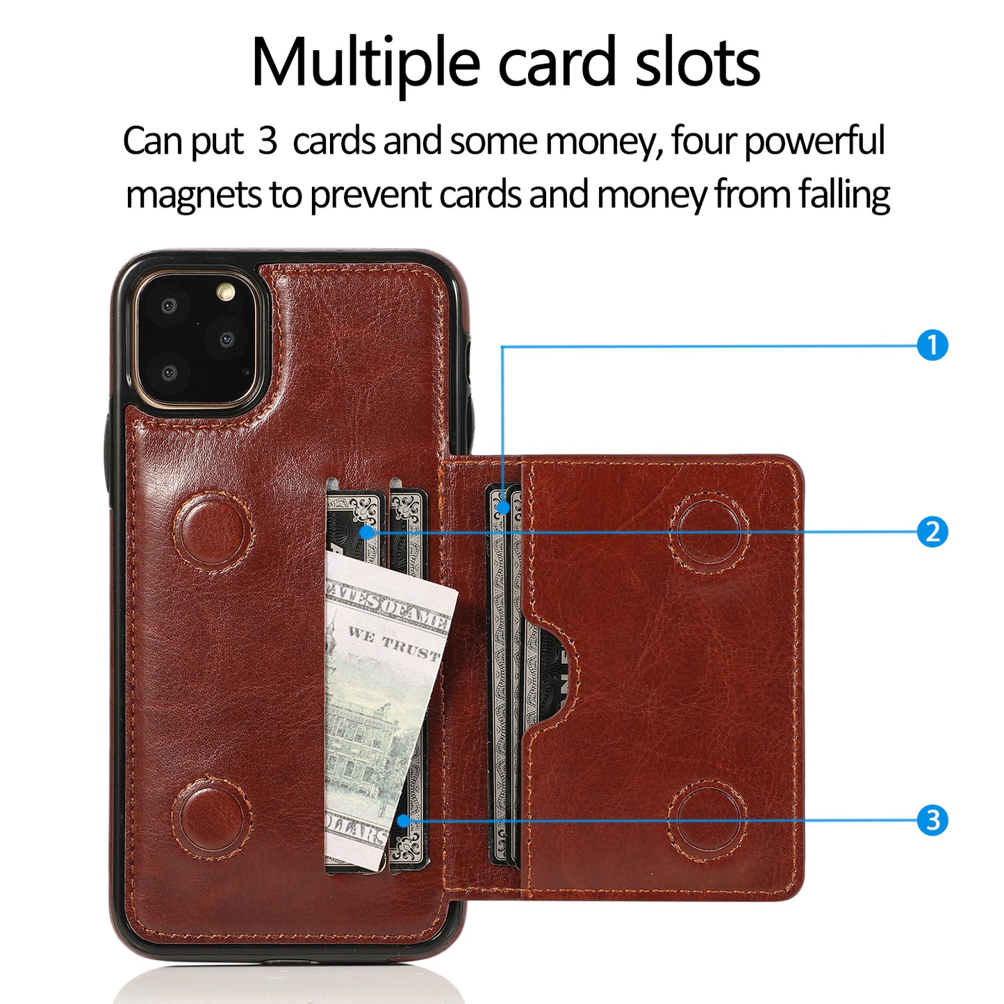 Custom Genuine Leather iPhone Case with Magnetic Button Wallet for iPhone 13/ iPhone 12/ iPhone 11/ iPhone XS/ iPhone 8/ iPhone 7/ iPhone SE 2nd Gen