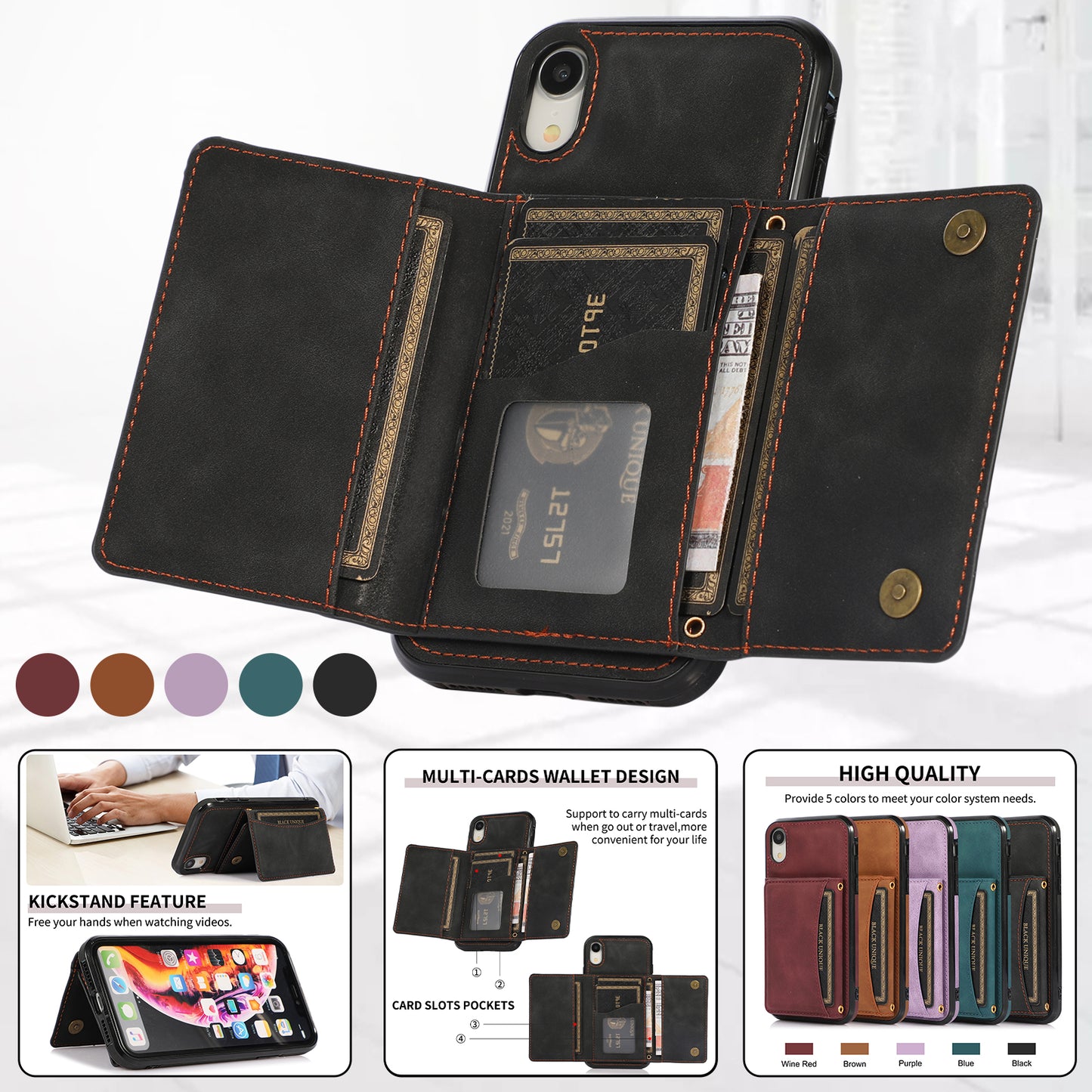 Customizable Genuine Leather iPhone Case with Trifold Wallet for iPhone 13/ iPhone 12/ iPhone 11/ iPhone XS/ iPhone 8/ iPhone 7/ iPhone SE 2nd Gen