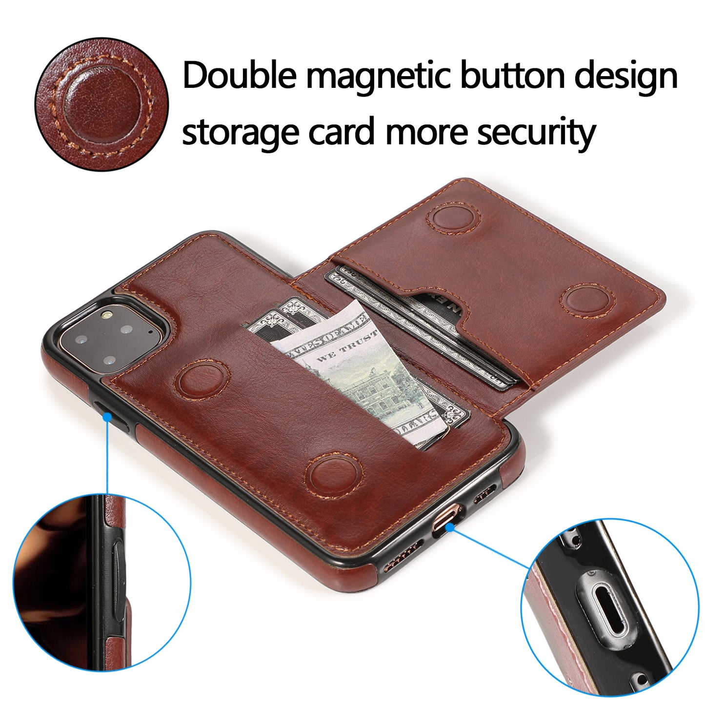 Custom Genuine Leather iPhone Case with Magnetic Button Wallet for iPhone 13/ iPhone 12/ iPhone 11/ iPhone XS/ iPhone 8/ iPhone 7/ iPhone SE 2nd Gen