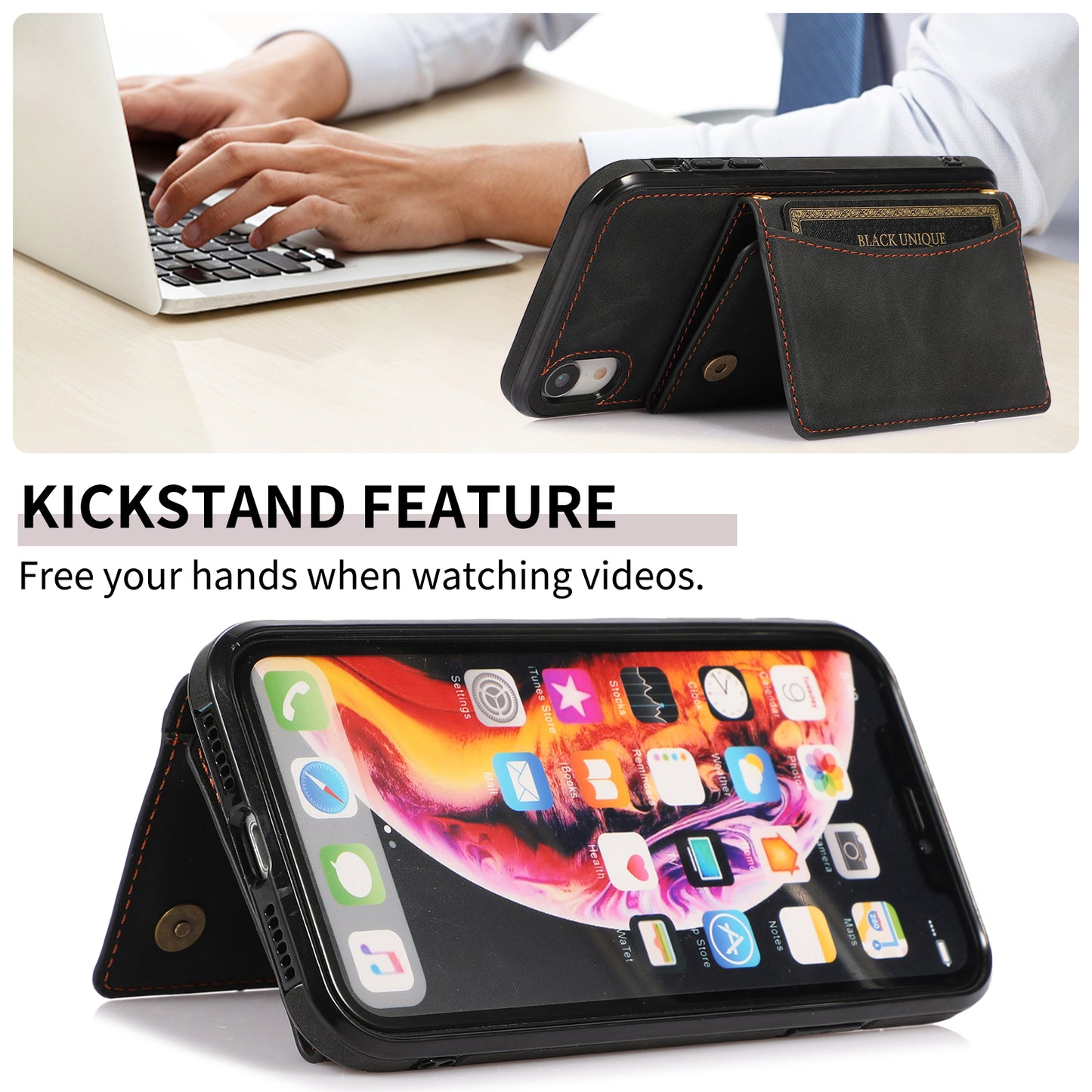 Customizable Genuine Leather iPhone Case with Trifold Wallet for iPhone 13/ iPhone 12/ iPhone 11/ iPhone XS/ iPhone 8/ iPhone 7/ iPhone SE 2nd Gen