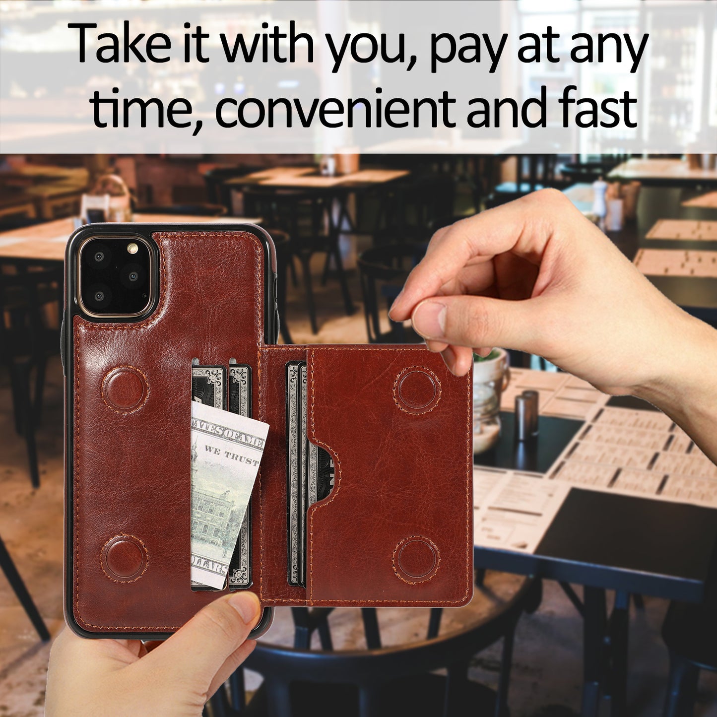 Custom Genuine Leather iPhone Case with Magnetic Button Wallet for iPhone 13/ iPhone 12/ iPhone 11/ iPhone XS/ iPhone 8/ iPhone 7/ iPhone SE 2nd Gen