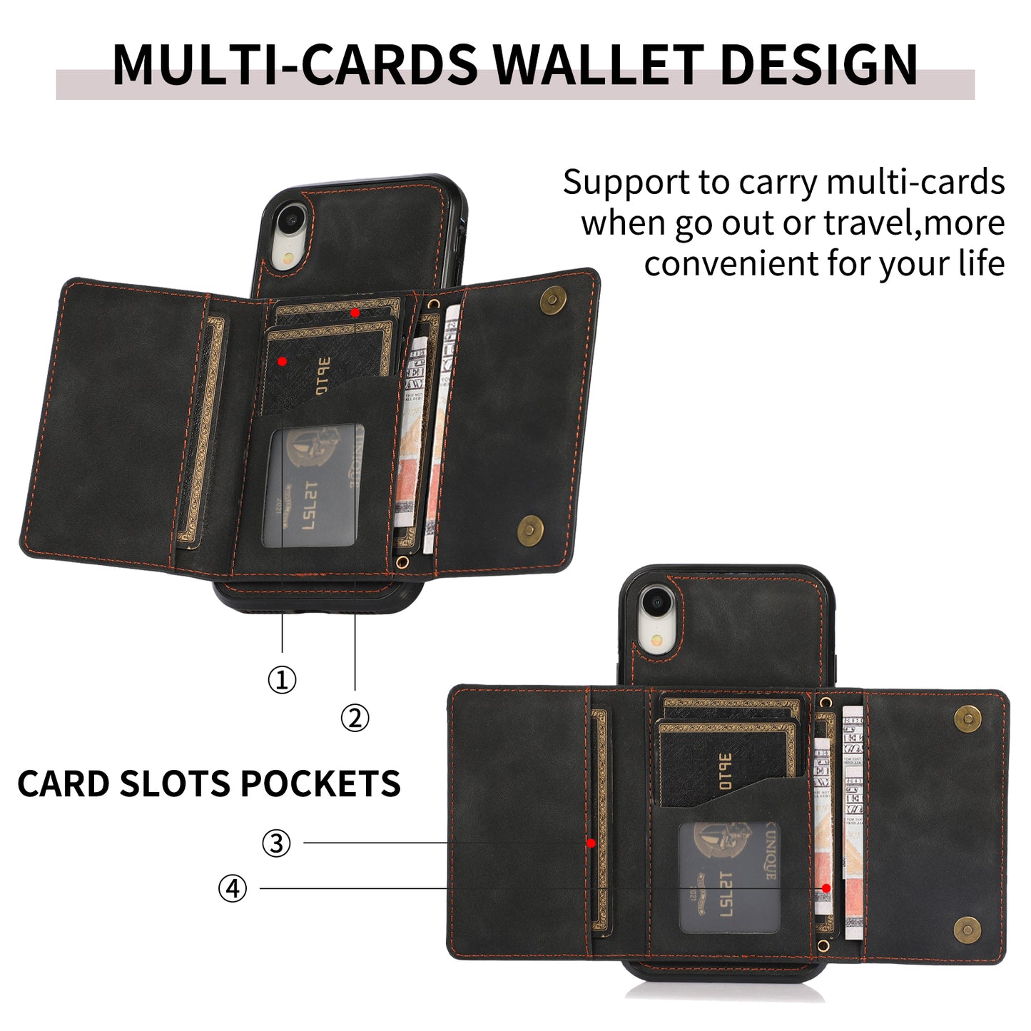 Customizable Genuine Leather iPhone Case with Trifold Wallet for iPhone 13/ iPhone 12/ iPhone 11/ iPhone XS/ iPhone 8/ iPhone 7/ iPhone SE 2nd Gen