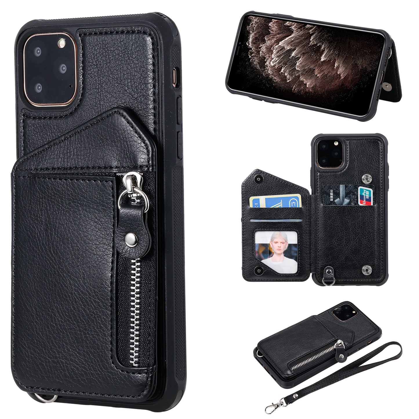 Customizable Strap Genuine Leather iPhone Case with Wallet for iPhone 13/ iPhone 12/ iPhone 11/ iPhone XS/ iPhone 8/ iPhone 7/ iPhone SE 2nd Gen