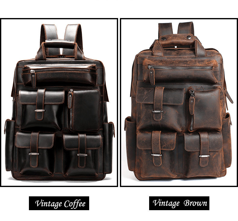 Retro Full Grain Cowhide Leather Backpack for 15" Laptop Travel Hiking Camping Rucksack with Multi-pockets, Engraving Customization for Option