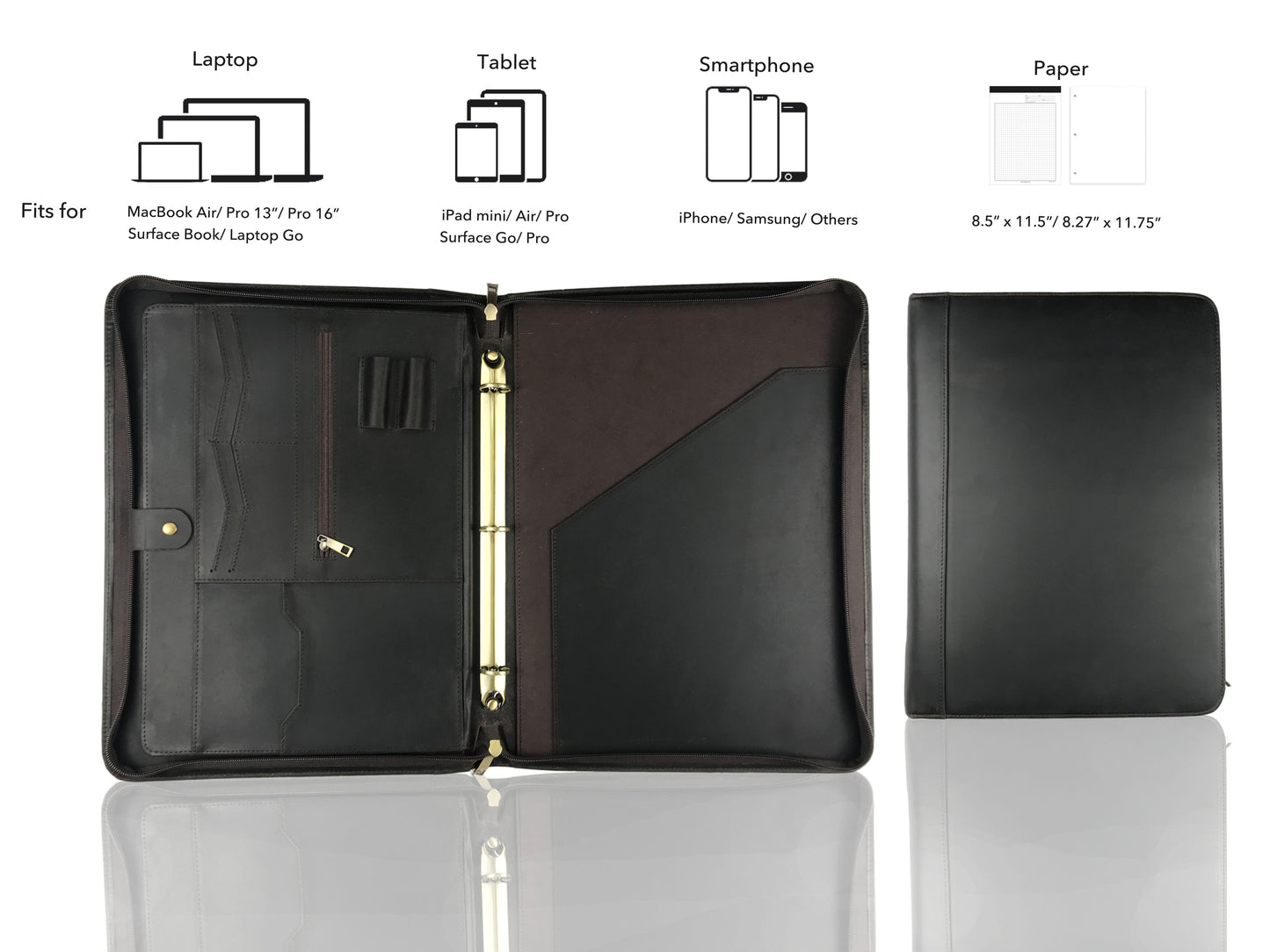 Genuine Leather Portfolio for Men, Zipper Padfolio, Personalised Leather 3 Ring Binder Fits for 13 Inch Laptop Legal Pad A4 Paper, Gift (Chocolate)
