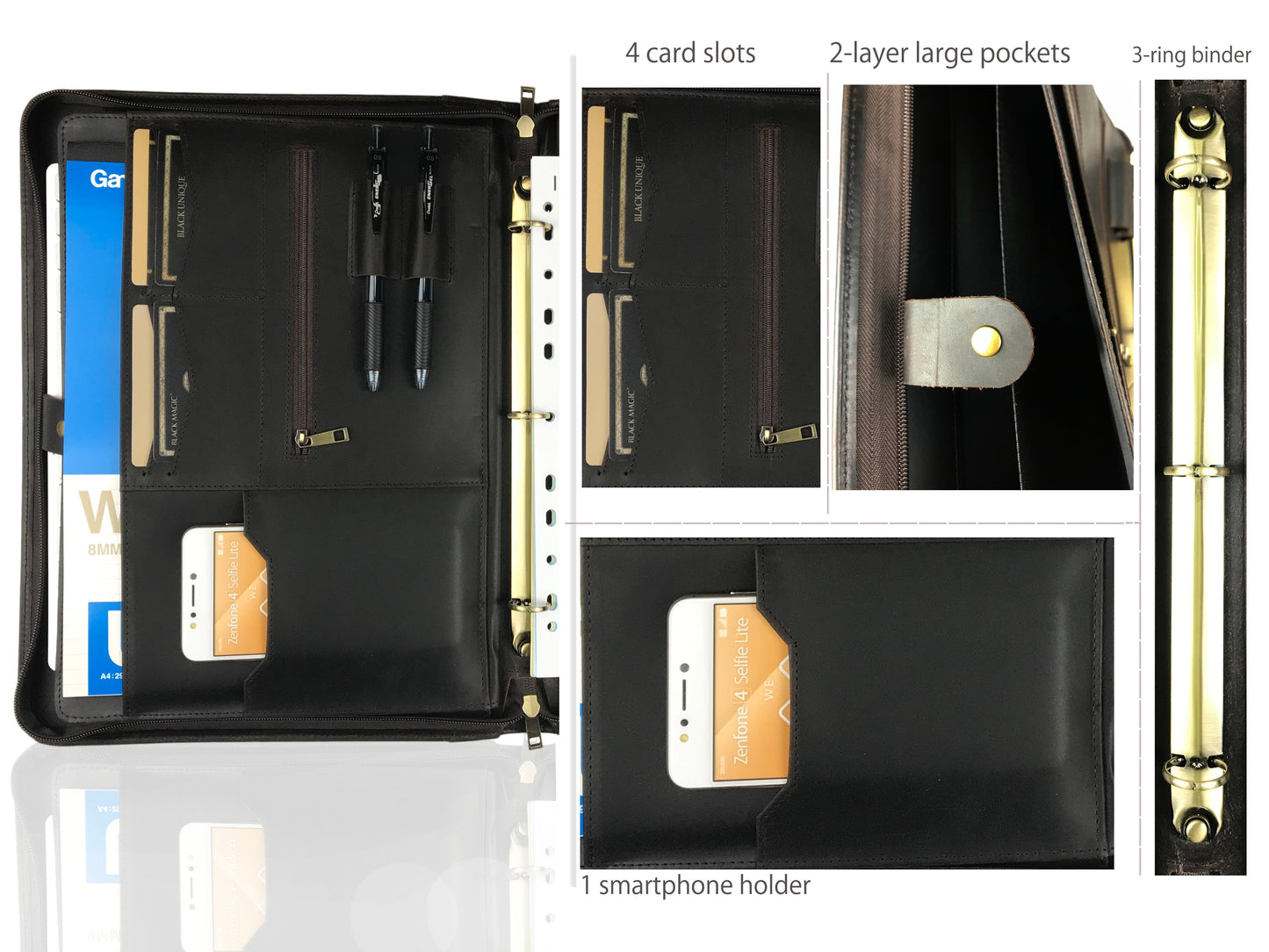 Genuine Leather Portfolio for Men, Zipper Padfolio, Personalised Leather 3 Ring Binder Fits for 13 Inch Laptop Legal Pad A4 Paper, Gift (Chocolate)