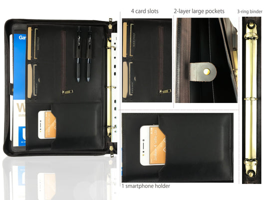 Genuine Leather Portfolio for Men, Zipper Padfolio, Personalised Leather 3 Ring Binder Fits for 13 Inch Laptop Legal Pad A4 Paper, Gift (Chocolate)