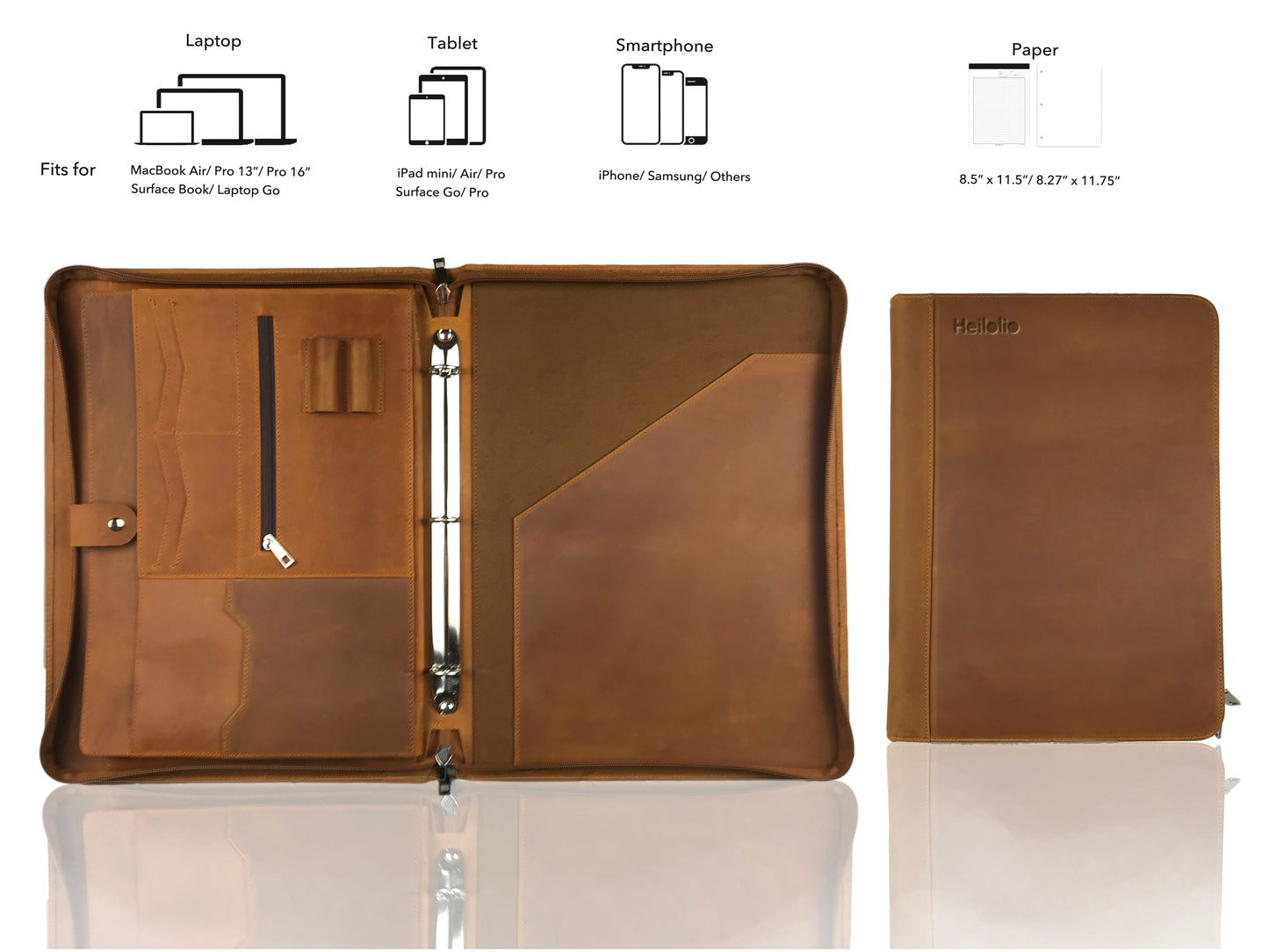 Genuine Leather Portfolio for Men/ Women, Personalised Leather 3-Ring Binder Fits for 13 Inch Laptop Legal Pad A4 Paper, Gift (Tan)