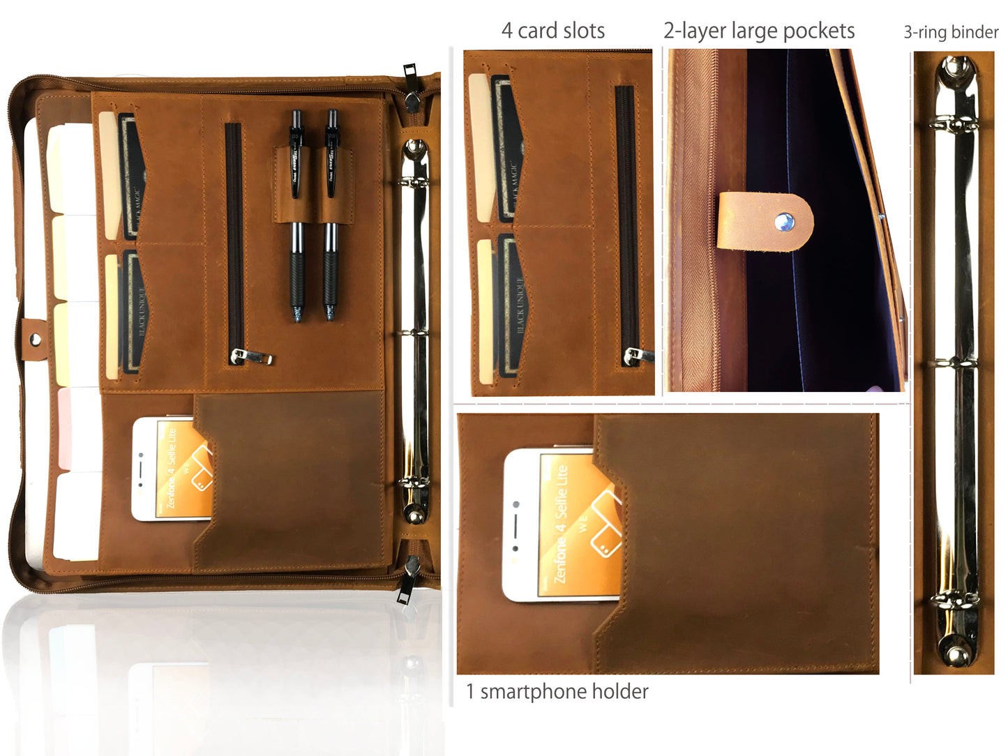 Genuine Leather Portfolio for Men/ Women, Personalised Leather 3-Ring Binder Fits for 13 Inch Laptop Legal Pad A4 Paper, Gift (Tan)